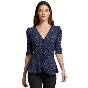 Veronica Beard Hayden Blue Floral Peplum Ruched Blouse Size 0